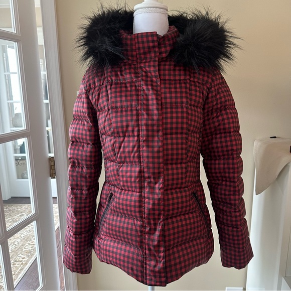 NWOT Talbots Red Black Plaid Down Puffer Jacket Faux Fur Hood – Women’s Medium - Picture 1 of 8